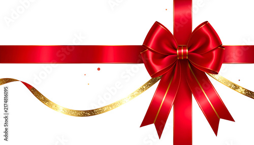 Elegant red and gold ribbon bow, centered with looped structure and long trailing ends, against a black backdrop
