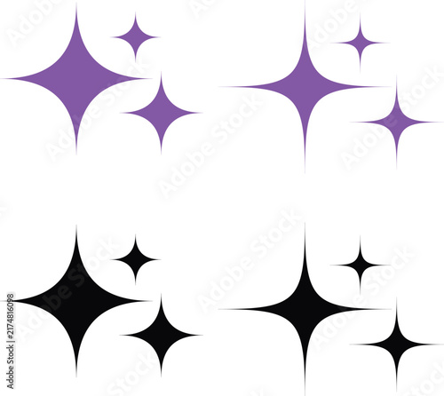 Set of purple and black star sparkles icons isolated on a white background