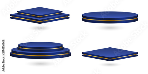 Four blue platforms with gold accents on transparent background