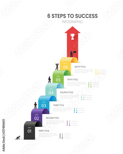 Infographics 6 Step arrow banner timeline roadmap business to success presentation template. Vector illustration.