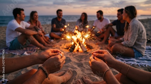 Group of young friends sitting around bonfire on beach at sunset, holding sparkling fireworks sparklers, summer vacation holiday celebration party atmosphere, joyful people