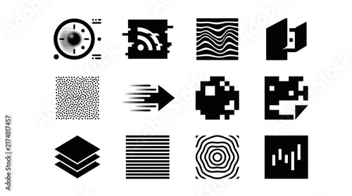 Black and white digital icons set.