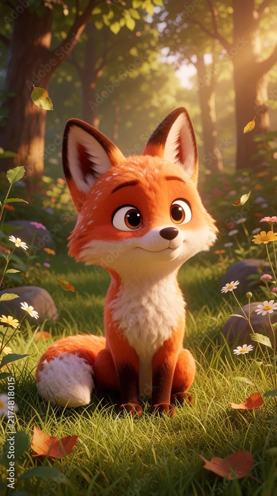 Obraz premium Cute cartoon fox sits peacefully in rich green grass amidst blooming wildflowers and trees. Sunlight filters through forest canopy creating a warm inviting scene.