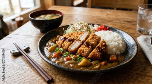 A plate of tonkatsu curry with rice and vegetables on a wooden table.