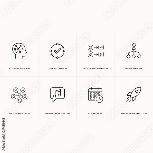 Modern linear icons set illustrating artificial intelligence concepts like autonomous agents, workflows, task automation, and decision engines for smart technology