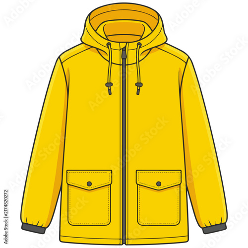 Bright Yellow Hooded Rain Jacket Flat Vector Illustration