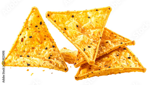 Close-up of seasoned, triangular tortilla chips with visible spices and textures, stacked and partially overlapping. Isolated against a transparent background