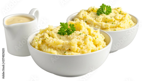 Close-up studio shot featuring two white bowls of creamy mashed potato and a small pitcher of gravy. Garnished with parsley