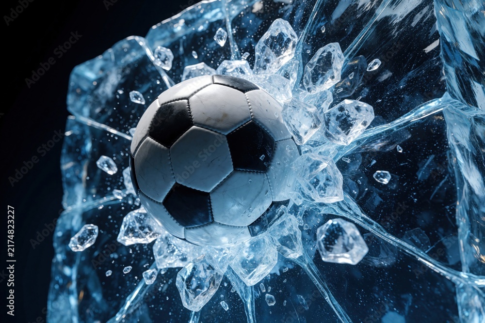 Naklejka premium Soccer ball hits ice wall causing explosion. Ice shatters into many pieces. Dynamic action shows impact force and cold energy. Black and white ball breaks clear frozen barrier.