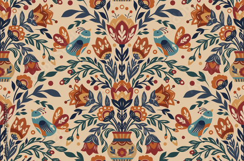 Vector seamless pattern with birds and flowers in a vase in folk art style. Texture with tracery blooming floral ornament