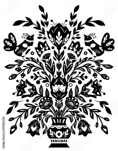 Vector monochrome postcard with birds and flowers in a vase in folk art style. Monochrome tracery blooming floral illustration