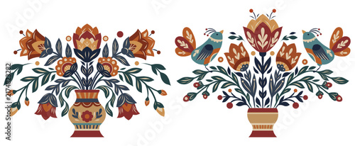 Vector set of clip arts with birds and flowers in a vase in folk art style. Collection of tracery blooming floral illustration