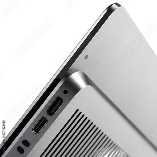 Laptop chassis displays the metallic surface texture and integrated data ports for high speed connectivity.