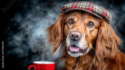 Golden retriever wearing a hat sits beside a steaming cup in a cozy indoor space