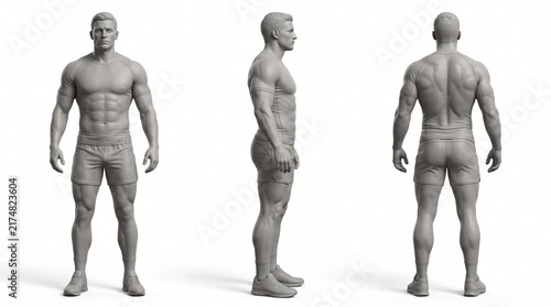 3D render character model of a muscular man in shorts from multiple angles