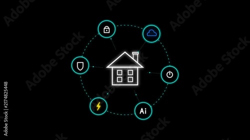 Futuristic smart home automation network with connected icons representing security, cloud, power, AI, and energy.
