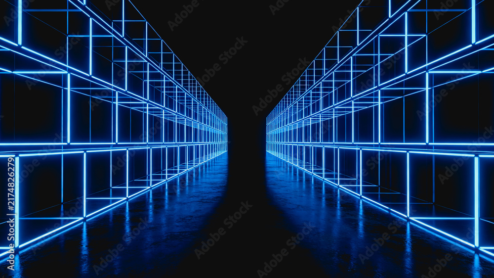 Fototapeta premium A 3D rendered scene of a glowing blue neon wireframe tunnel, with geometric structures reflecting on a dark surface, creating a futuristic digital space.