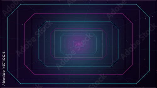 Digital neon tunnel with glowing frames moving in dark space background