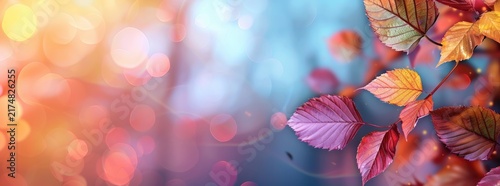 Autumn background with colored leaves and blurred nature bokeh light background.