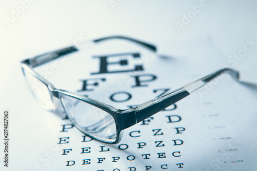 Canvas Print Eye glasses and eye test chart on white background.
