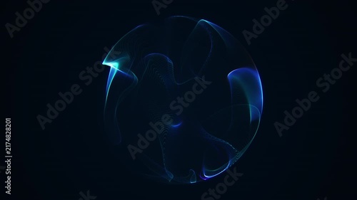 Cyan and blue translucent energy sphere floats on a dark background with flowing light lines, creating futuristic AI, technology and sci-fi motion visuals.