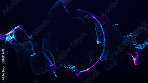 Blue and purple glowing waves surround a dark abstract sphere, creating a futuristic sci-fi motion background for AI, technology and visual design.