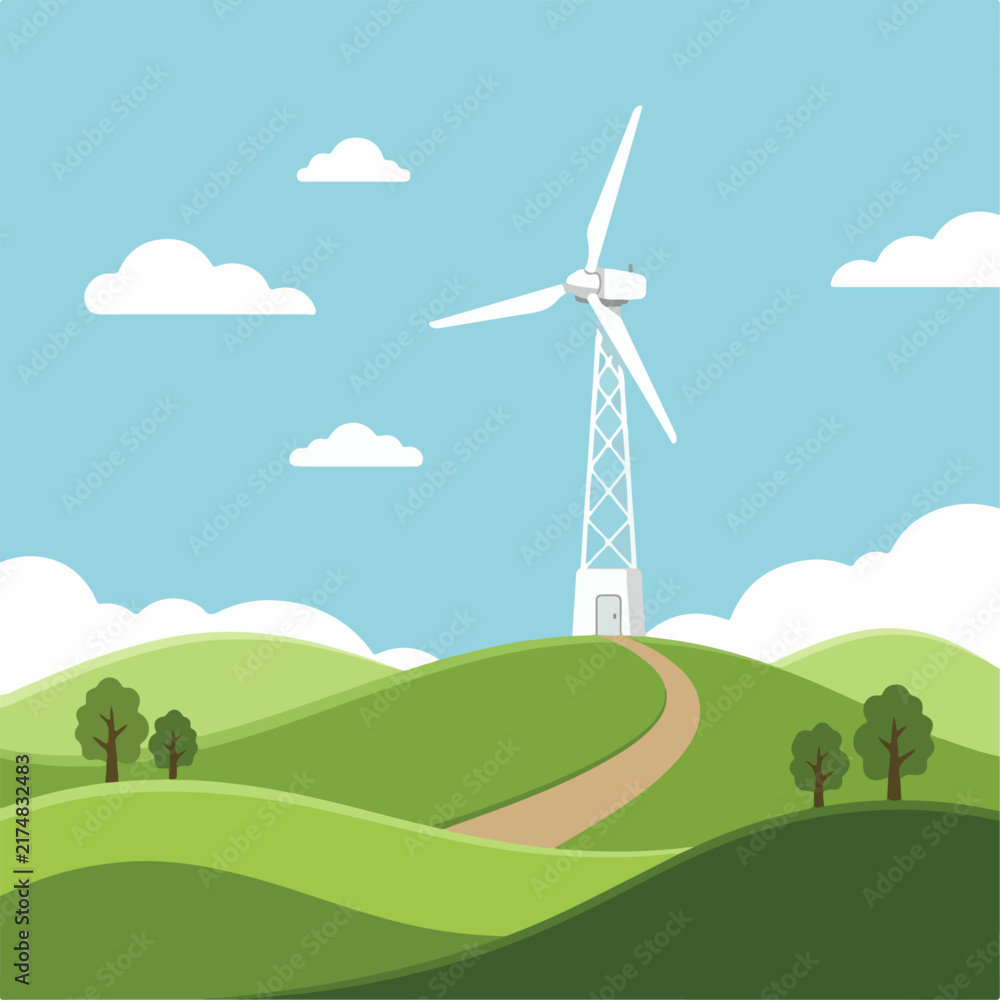 Fototapeta premium Scenic Windmill on Green Hillside with Renewable Energy Concept Vector