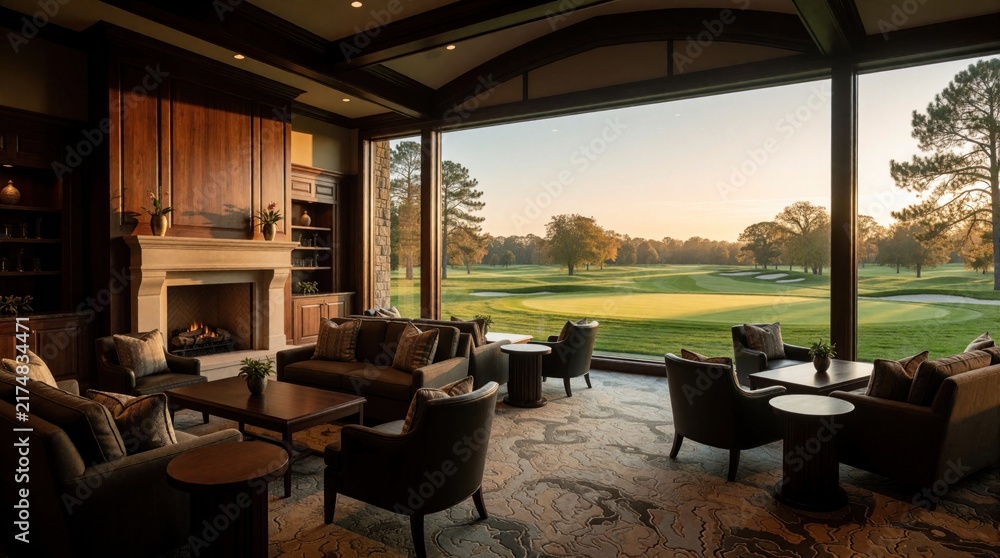 Obraz premium Luxury golf club lounge with fireplace, plush seating offers panoramic fairway views at sunrise. Elegant interior features warm wood tones, soft natural light, creating serene morning atmosphere.
