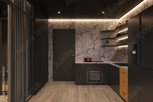 Modern kitchen illustration with a black interior idea, open kitchen concept, utensils, and LED lighting.