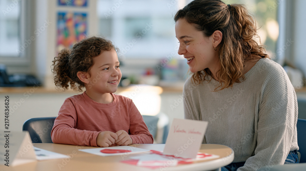 Obraz premium Speech therapist and young patient practicing articulation exercises in a golden-hour therapy room, Valentine card being assembled on the side table as a reward activity, couple