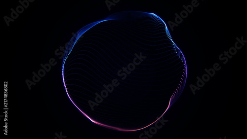 Fotografie Blue and purple orbital light lines form a minimal glowing sphere on a dark background, ideal for futuristic technology, sci-fi and abstract motion design