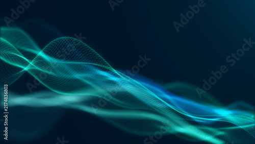 Quadro su tela Teal and cyan particle waves flow through a dark futuristic scene, creating a clean abstract motion background for AI, data, network and technology visuals