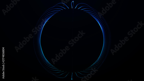 Fotografie Cyan and blue orbital light lines form a circular glowing frame on a dark background, creating a minimal futuristic motion element for tech and sci-fi design