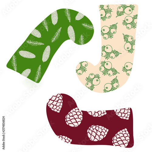 Three festive Christmas stockings with green pine, berry, and maroon pinecone patterns on a white background.