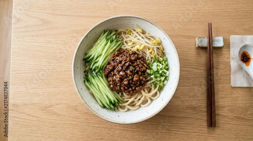 A bowl of noodles with a meaty sauce and vegetables on a wooden table.