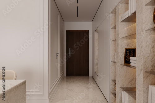 Quadro su tela Sleek and minimalist interior design in a modern hallway with marble flooring, a dark wooden door, and built-in shelving