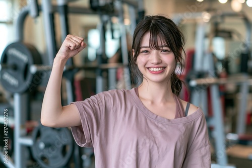 Plakat ジムでトレーニング成果に喜び力こぶを作る笑顔の日本人女性