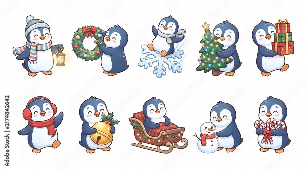 Fototapeta premium Cute Christmas Penguin Character Collection, Kawaii Winter Holiday Vector Set