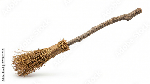 Traditional Halloween witch broom made from natural wood and straw