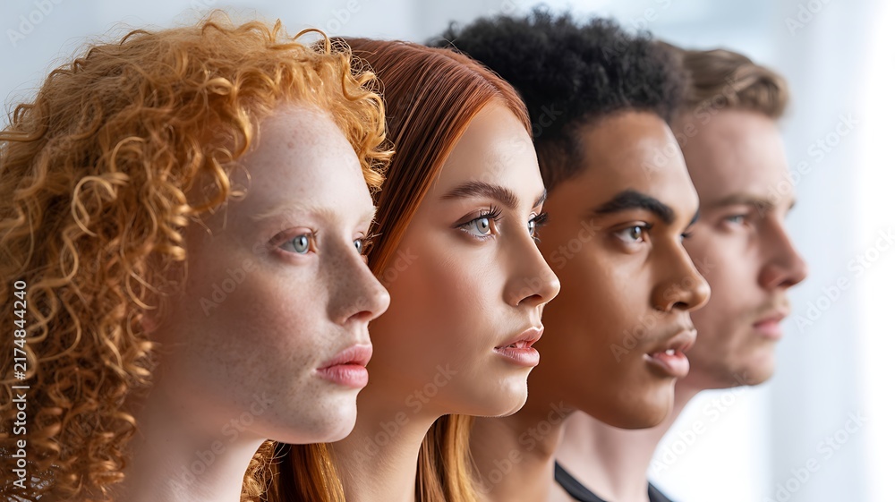 Obraz premium Diverse young people standing in a row looking ahead with serious expressions in bright studio light