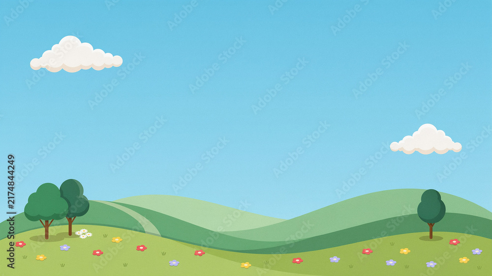 Obraz premium Peaceful green meadow with trees and flowers under a blue sky