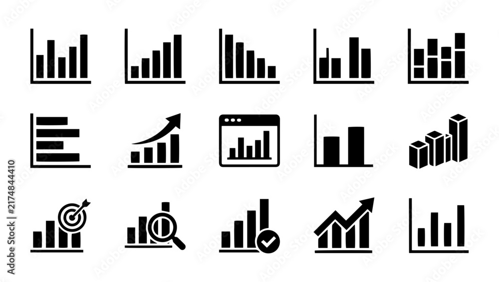 Obraz premium Set of business data chart and financial graph line icons for analytics and reporting. A collection of minimalist line icons representing various business charts, growth graphs, and data analytics too