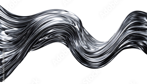 Abstract flowing liquid metal wave and silver fluid ribbon isolated on white
