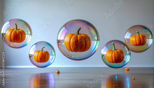 Orange Pumpkins Inside Floating Soap Bubbles Indoors