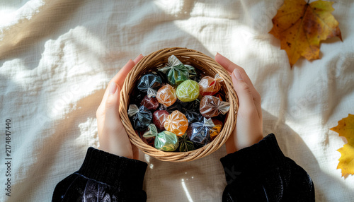 Holding Wicker Basket Full of Colorful Candies and Lollipops