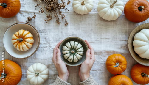 Hands Holding Bowl with Small Pumpkin on Linen Tablecloth