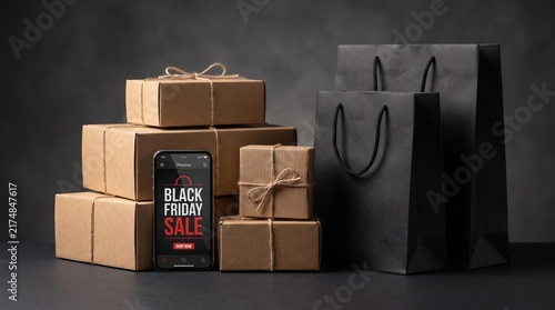 Smartphone Showing Black Friday Sale Banner with Parcels and Shopping Bags