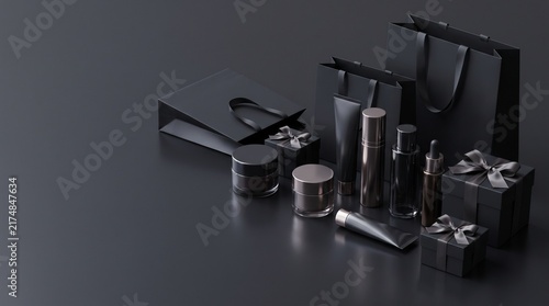 Black Friday Luxury Skincare Packaging with Dark Gift Boxes and Shopping Bags