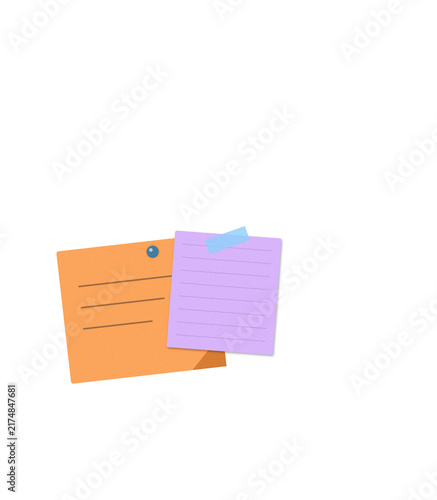 Flat filled sticky notes with thumbtack and paper clip illustration for office organization