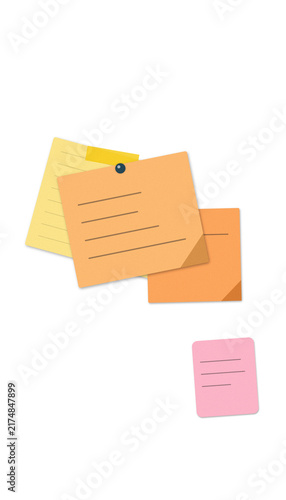 Flat filled sticky notes with thumbtack illustration for office organization